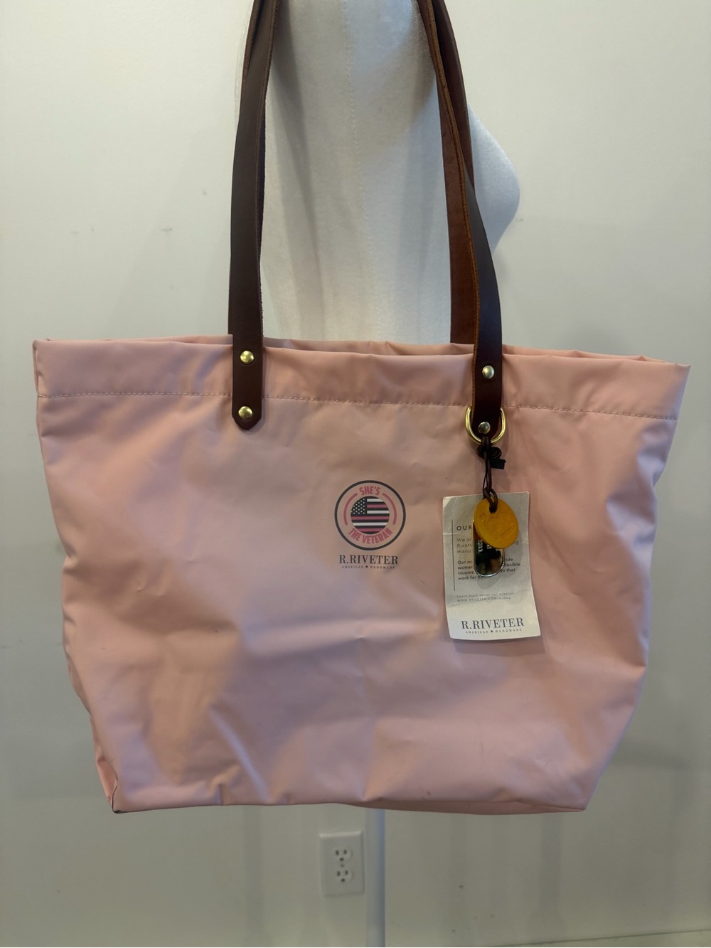 R. Riveter Pink Nylon Tote with Brown Leather Straps